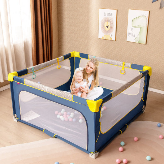 Box pieghevole per bambini con rete trasparente 150 x 150 cm senza montaggio-Recinto per bambini con cancello con cerniera Blu