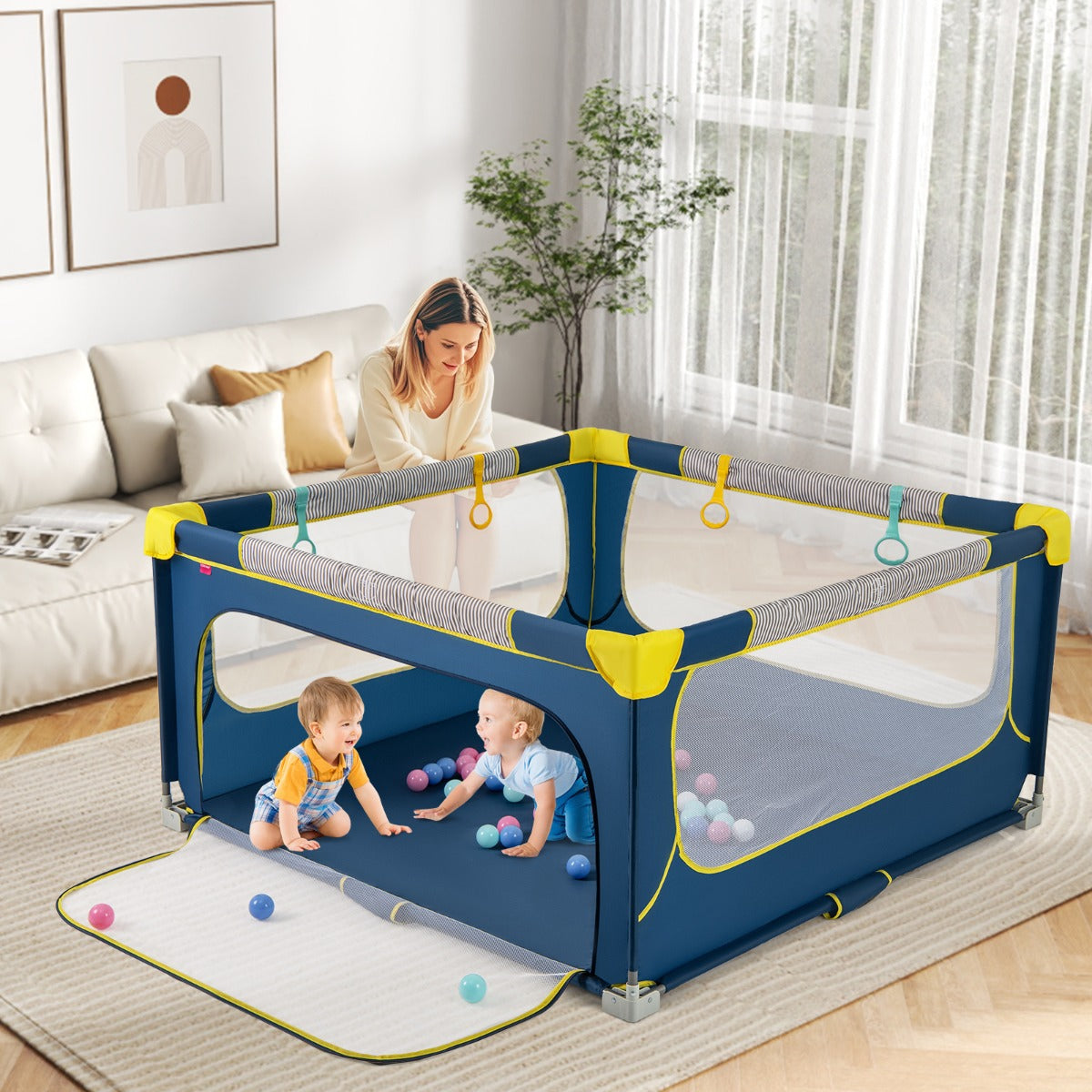 Box pieghevole per bambini con rete trasparente 150 x 150 cm senza montaggio-Recinto per bambini con cancello con cerniera Blu