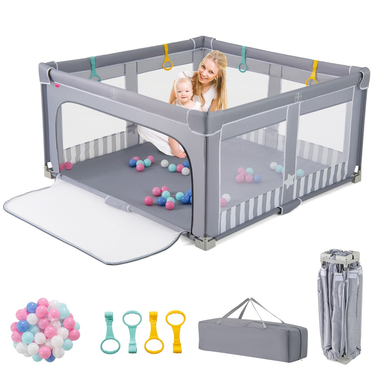 Box per bambini 150 x 150 cm senza montaggio e lettino per bambini, Recinto pieghevole per bambini e box multiuso 5 in 1-Per i neonati