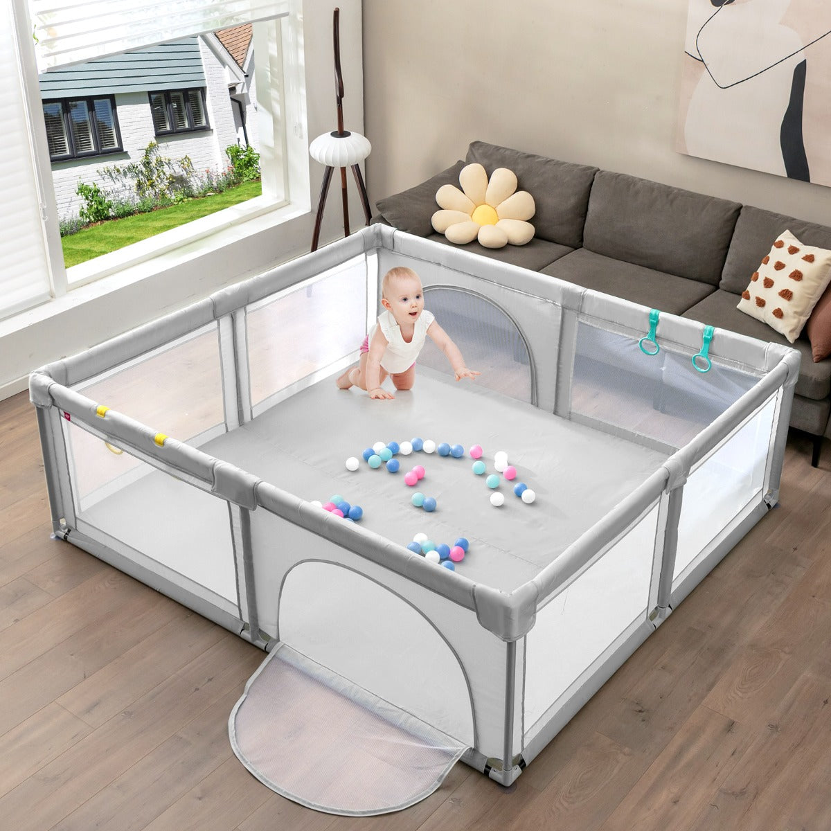 Box per bambini con cancelli di sicurezza per interno, Centro attivit¨¤ portatile 206x185,5x68cm Grigio-Cancelletti di sicurezza