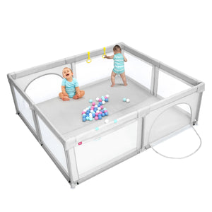 Box per bambini con cancelli di sicurezza per interno, Centro attivit¨¤ portatile 206x185,5x68cm Grigio-Cancelletti di sicurezza