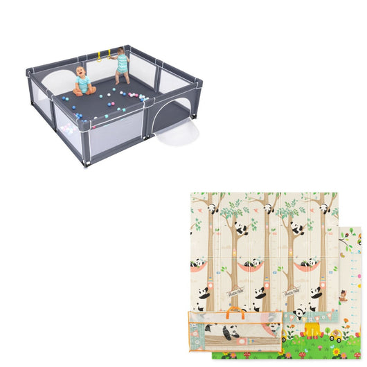 Box bambini interno grigio e tappeto gioco pieghevole, Box sicurezza interno grigio e tappeto impermeabile 200x180cm-Per i neonati