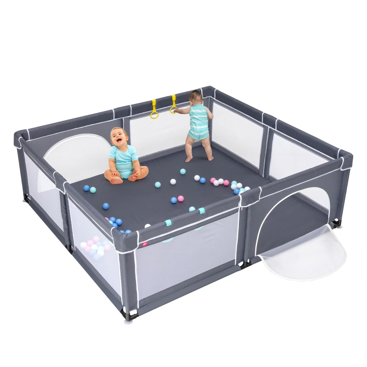 Box per bambini con cancelli di sicurezza per interno, Centro attivit¨¤ portatile 206x185,5x68cm Grigio scuro-Cancelletti di sicurezza