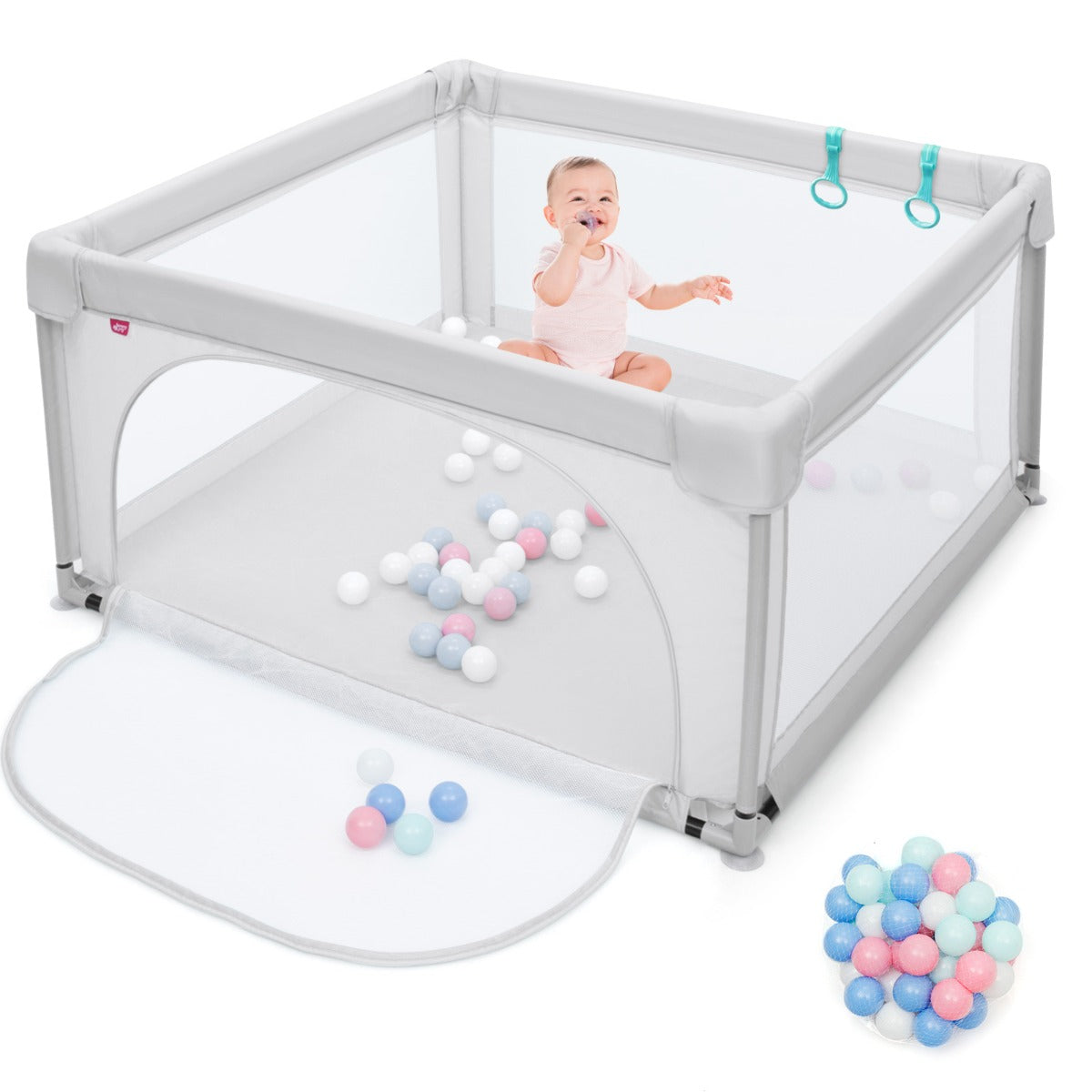 Box per bambini con pareti a rete traspirante, Centro attivit¨¤ con cancelli di sicurezza 126x126x68cm Grigio-Cancelletti di sicurezza