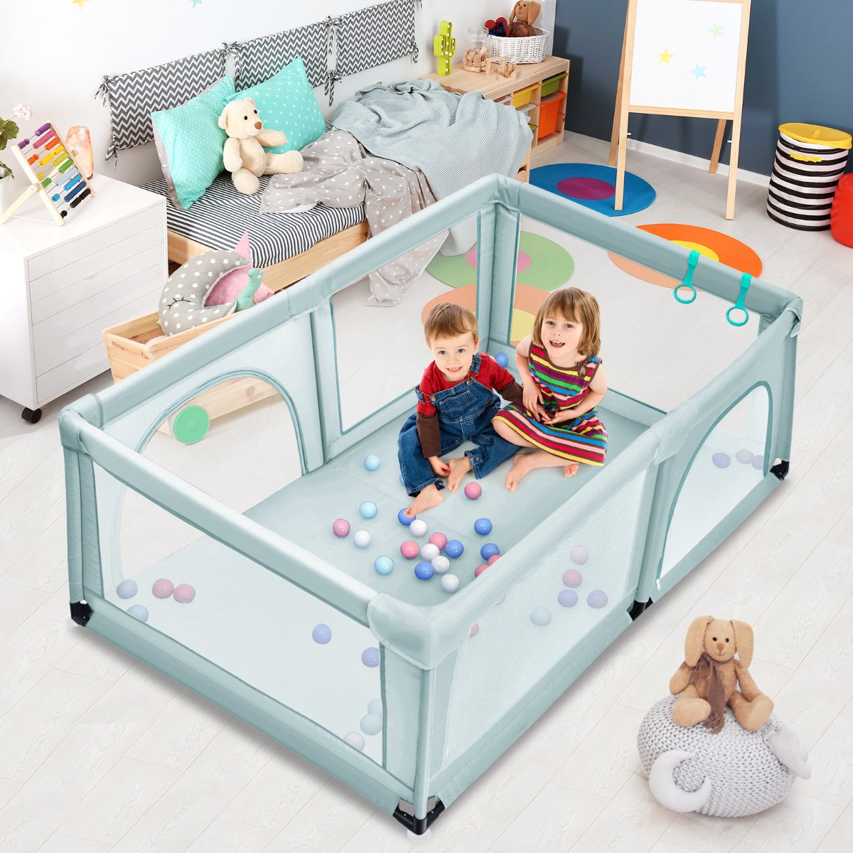 Box per bambini con cancello extra large e rete traspirante, Centro attivit¨¤ portatile per interno Blu-Cancelletti di sicurezza