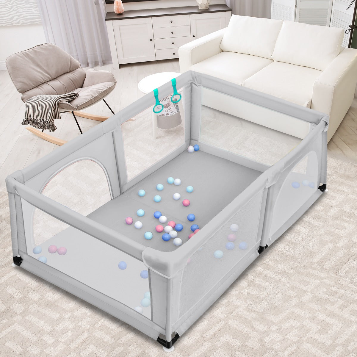 Box per bambini con cancello extra large e rete traspirante, Centro attivit¨¤ portatile per interno Grigio-Cancelletti di sicurezza