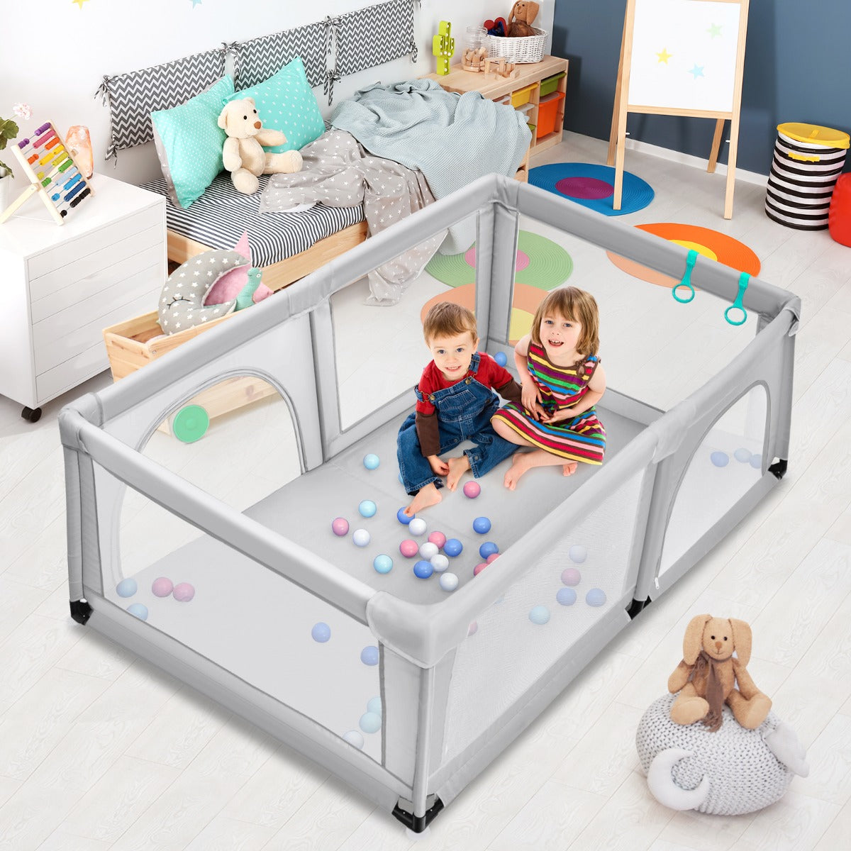 Box per bambini con cancello extra large e rete traspirante, Centro attivit¨¤ portatile per interno Grigio-Cancelletti di sicurezza