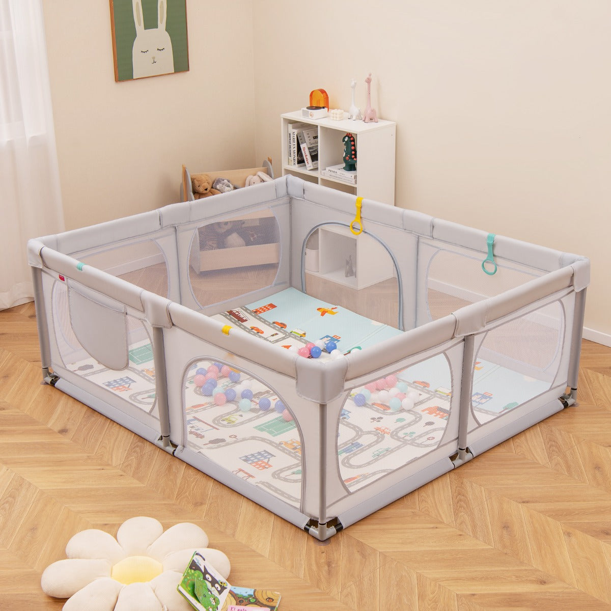 Box per bambini con materassino 4 anelli e 50 palline colorate, Recinto per bambini grande 189x158cm Grigio chiaro-Cancelletti di sicurezza