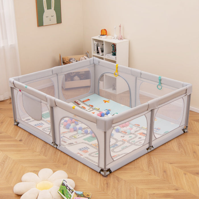 Box per bambini con materassino 4 anelli e 50 palline colorate, Recinto per bambini grande 189x158cm Grigio chiaro-Cancelletti di sicurezza