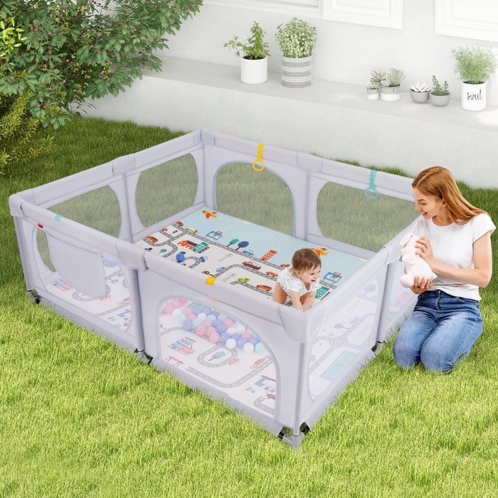 Box per bambini con materassino 4 anelli e 50 palline colorate, Recinto per bambini grande 189x158cm Grigio chiaro-Cancelletti di sicurezza