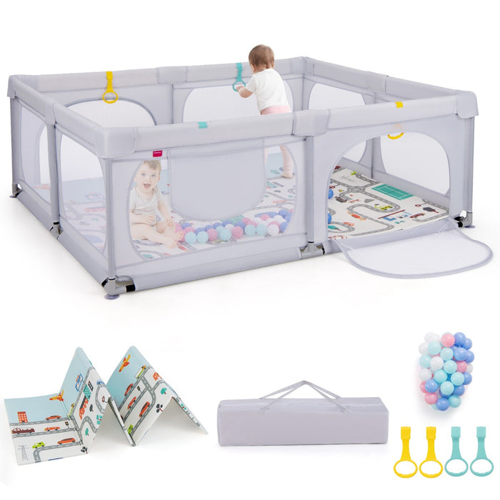 Box per bambini con materassino 4 anelli e 50 palline colorate, Recinto per bambini grande 189x158cm Grigio chiaro-Cancelletti di sicurezza