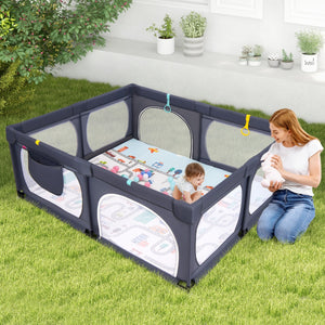 Box per bambini con materassino 4 anelli e 50 palline colorate, Recinto per bambini grande 189x158cm Grigio scuro-Cancelletti di sicurezza