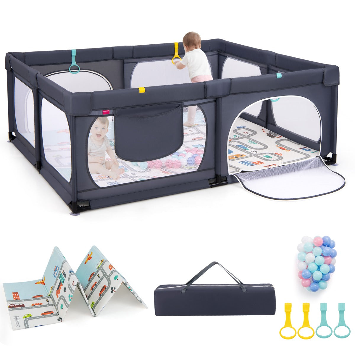 Box per bambini con materassino 4 anelli e 50 palline colorate, Recinto per bambini grande 189x158cm Grigio scuro-Cancelletti di sicurezza