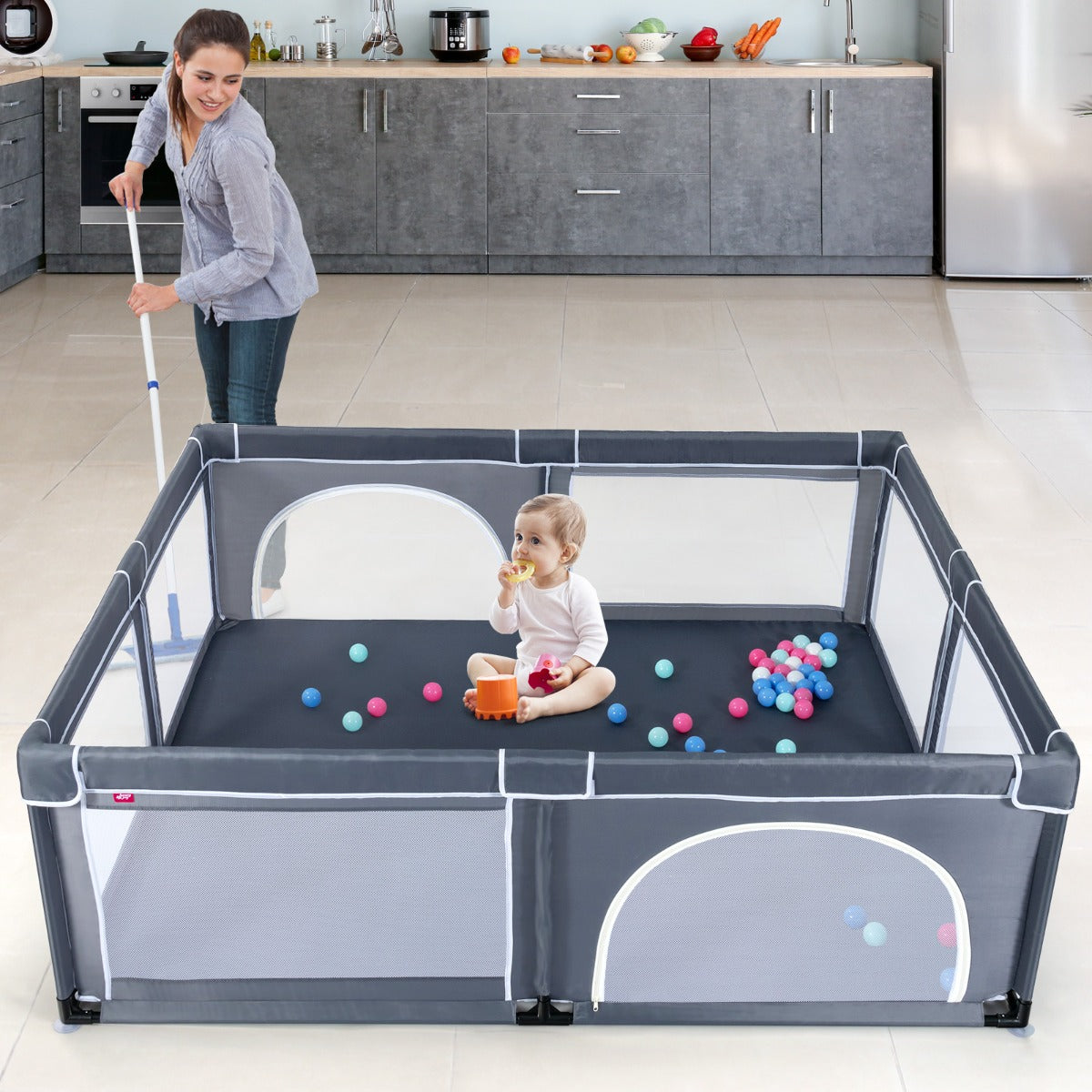 Box bambini interno grigio e tappeto gioco pieghevole, Box sicurezza interno grigio e tappeto impermeabile 200x180cm-Per i neonati