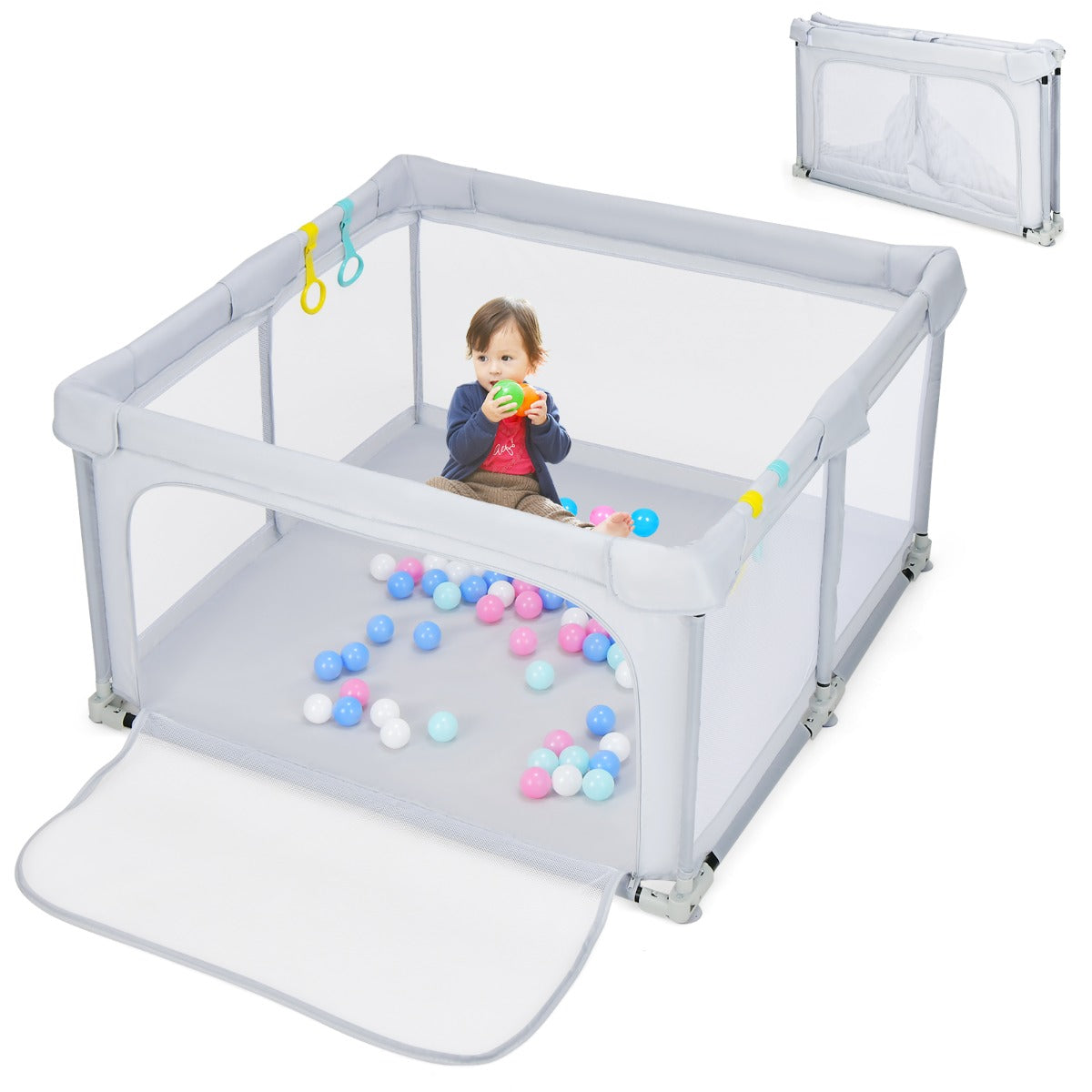 Box per bambini pieghevole con pareti in rete traspirante, Recinto portatile con ventose antiscivolo Grigio chiaro-Cancelletti di sicurezza
