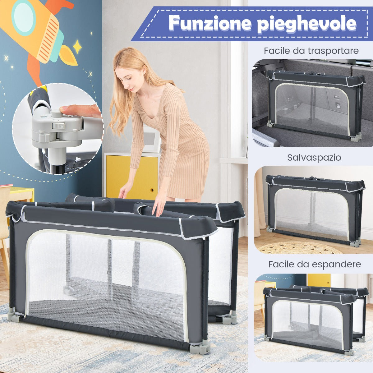 Box per bambini pieghevole con pareti in rete traspirante, Recinto portatile con ventose antiscivolo Grigio scuro-Cancelletti di sicurezza