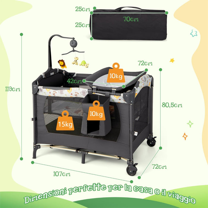 Box portatile 3 in 1 per bambini, Letto pieghevole con tasca carillon giocattoli carini Nero-Culle