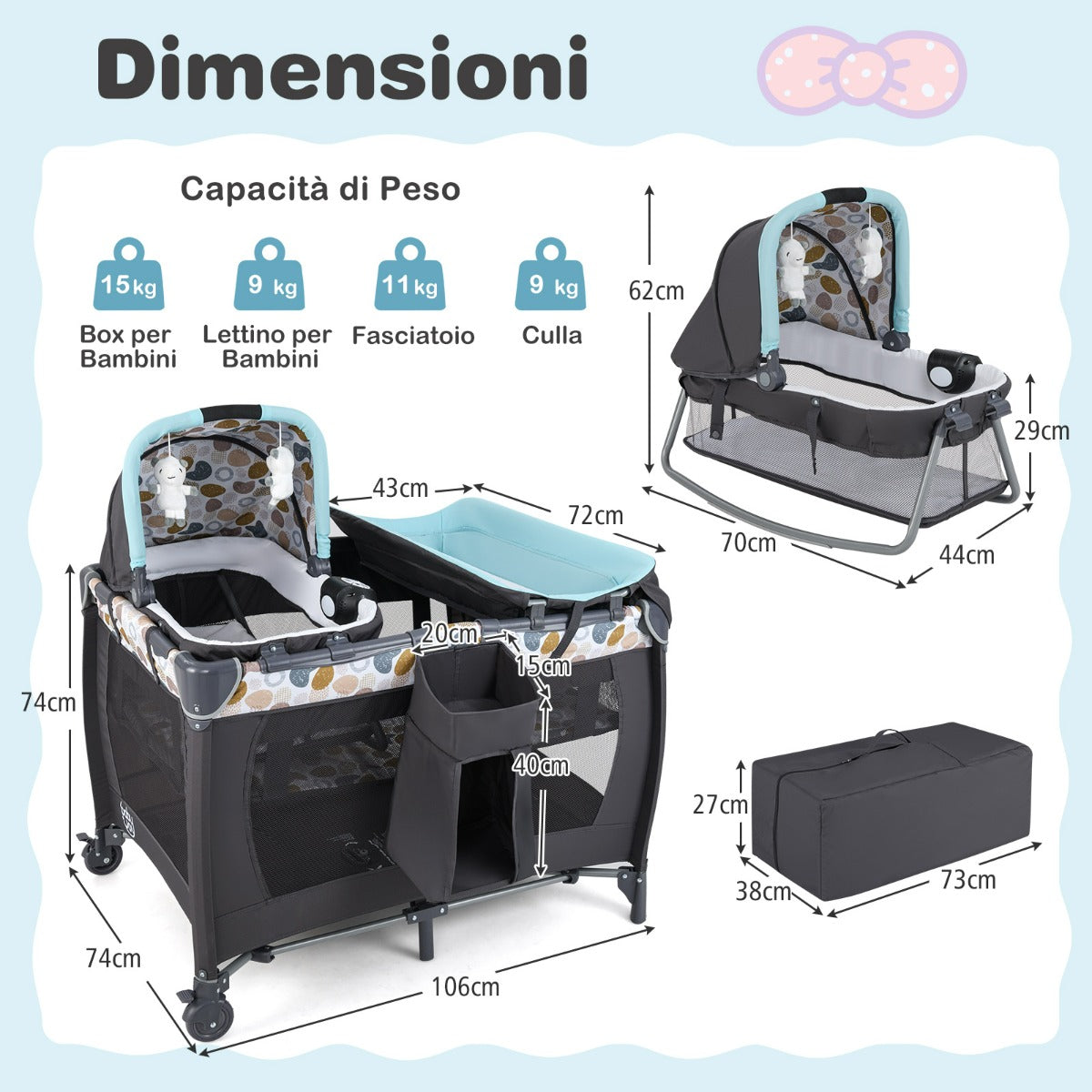 Box portatile per bambini con culla a dondolo e fasciatoio, Lettino pieghevole pack per neonati e bambini fino a 3 anni Blu-Culle