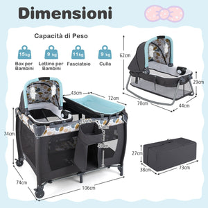 Box portatile per bambini con culla a dondolo e fasciatoio, Lettino pieghevole pack per neonati e bambini fino a 3 anni Blu-Culle
