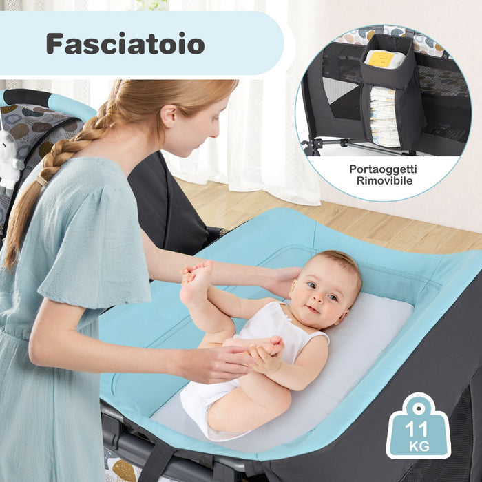 Box portatile per bambini con culla a dondolo e fasciatoio, Lettino pieghevole pack per neonati e bambini fino a 3 anni Blu-Culle