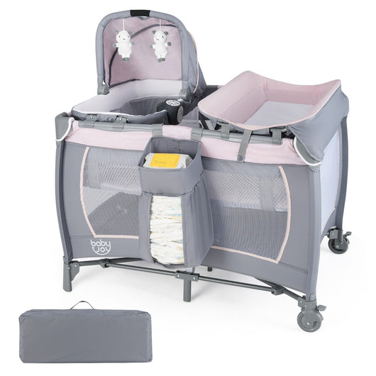 Box portatile per bambini con culla a dondolo e fasciatoio, Lettino pieghevole pack per neonati e bambini fino a 3 anni Rosa-Culle