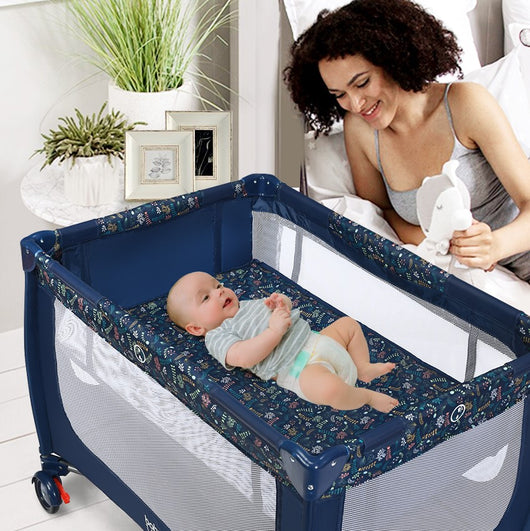 Box portatile per bambini con design pieghevole e 2 ruote, Centro attivit¨¤ resistente e durevole 125x65x76cm Blu-Culle