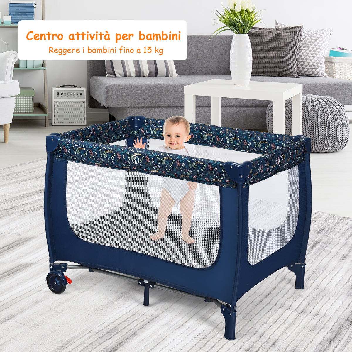 Box portatile per bambini con design pieghevole e 2 ruote, Centro attivit¨¤ resistente e durevole 125x65x76cm Blu-Culle
