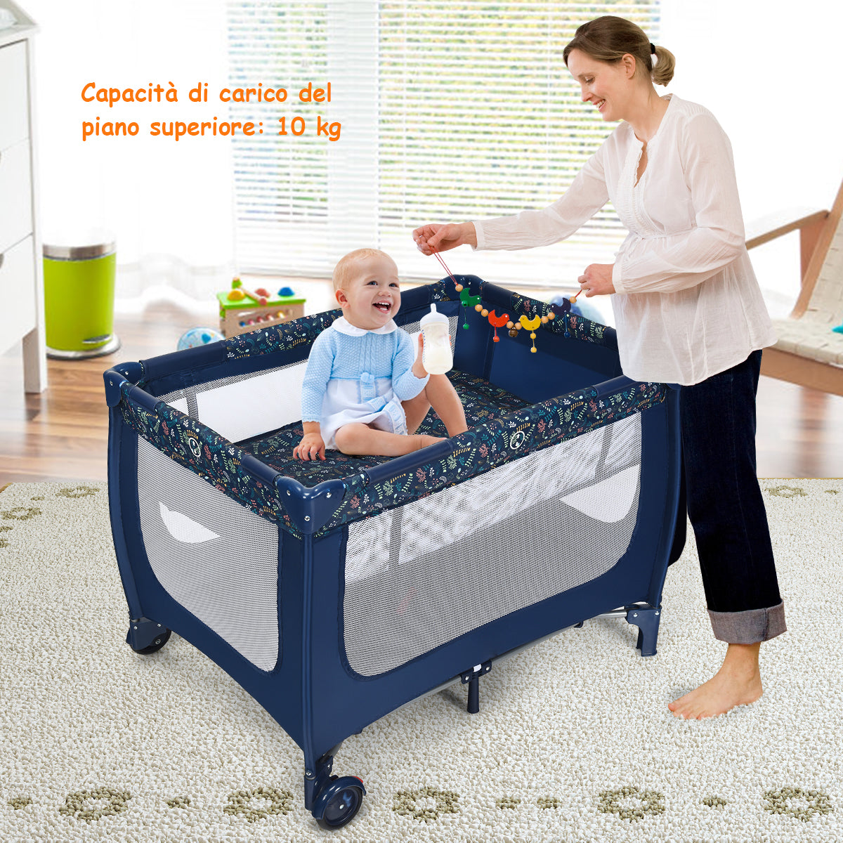 Box portatile per bambini con design pieghevole e 2 ruote, Centro attivit¨¤ resistente e durevole 125x65x76cm Blu-Culle