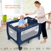 Box portatile per bambini con design pieghevole e 2 ruote, Centro attivit¨¤ resistente e durevole 125x65x76cm Blu-Culle