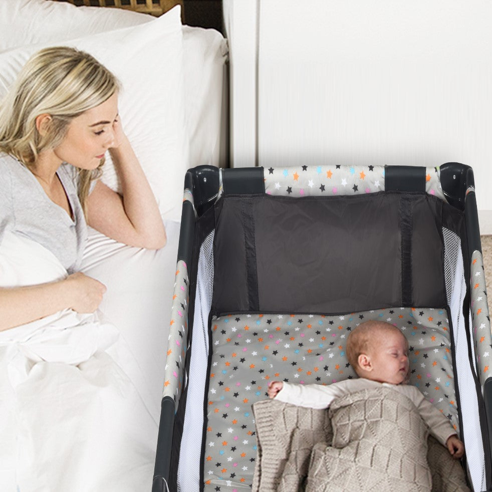 Box portatile per bambini con design pieghevole e 2 ruote, Centro attivit¨¤ resistente e durevole 125x65x76cm Grigio-Culle