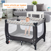 Box portatile per bambini con design pieghevole e 2 ruote, Centro attivit¨¤ resistente e durevole 125x65x76cm Grigio-Culle