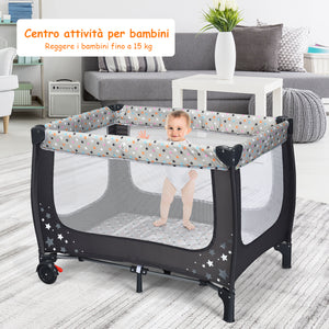 Box portatile per bambini con design pieghevole e 2 ruote, Centro attivit¨¤ resistente e durevole 125x65x76cm Grigio-Culle