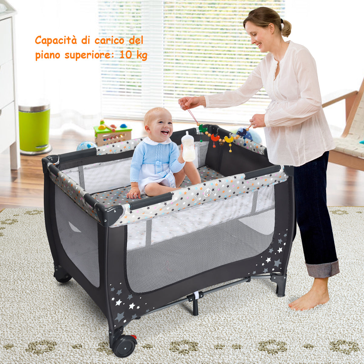 Box portatile per bambini con design pieghevole e 2 ruote, Centro attivit¨¤ resistente e durevole 125x65x76cm Grigio-Culle