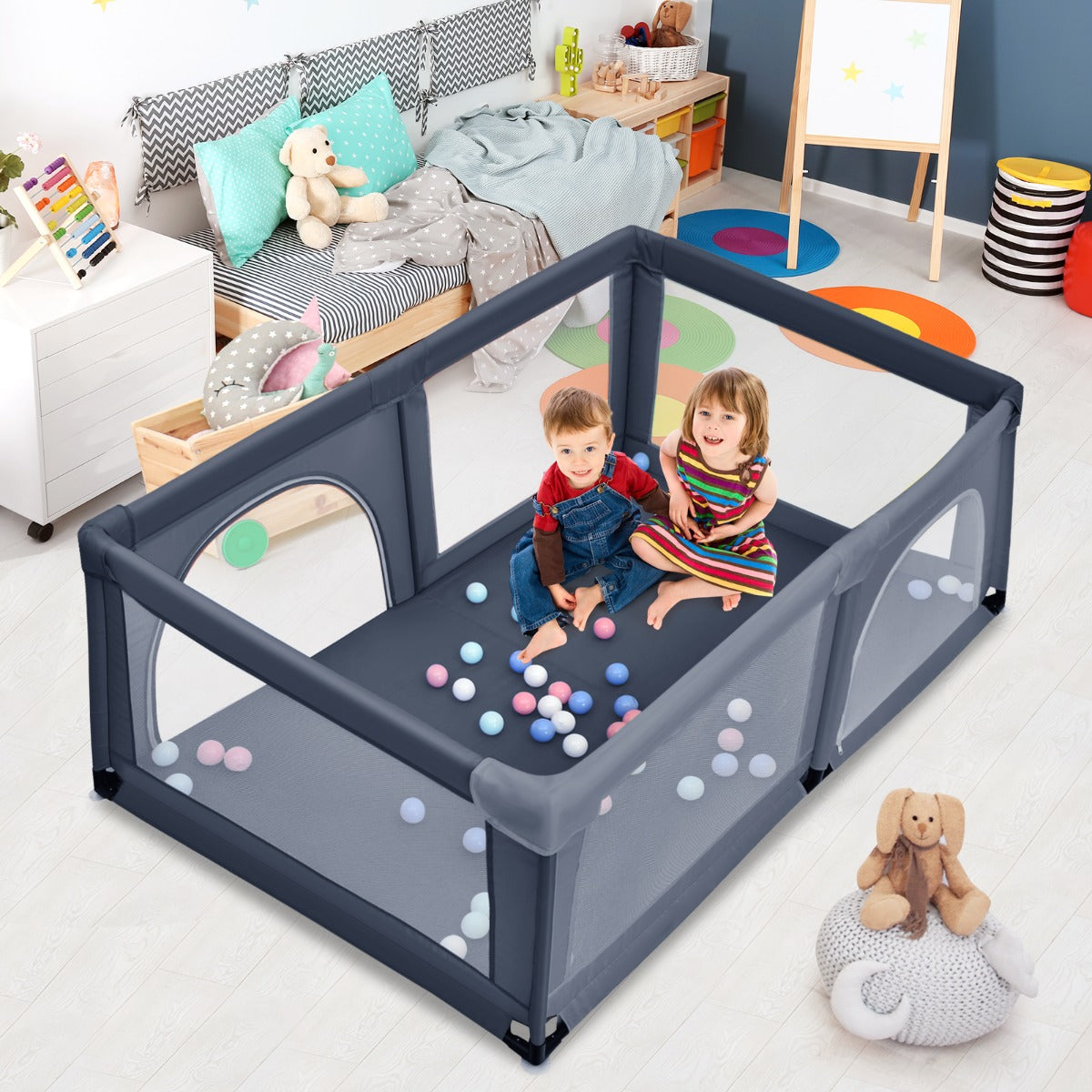 Box portatile sicuro per bambini, Centro attivit¨¤ con cancello rete traspirante e cerniera durevole Grigio scuro-Cancelletti di sicurezza