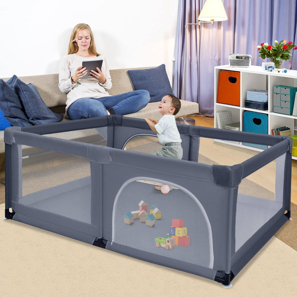 Box portatile sicuro per bambini, Centro attivit¨¤ con cancello rete traspirante e cerniera durevole Grigio scuro-Cancelletti di sicurezza