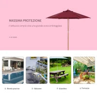 Ombrellone da Giardino Rotondo, in Legno e Poliestere con Apertura a Corda, 2.5x2.3 m, Bordeaux