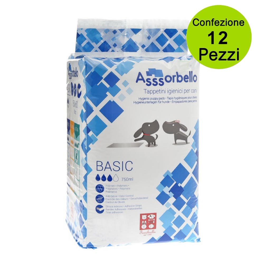 Multipack da 12 confezioni basic tappetini igienici per cani con strisce adesive 60x60 cm