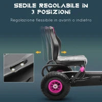 Go Kart a Pedali per Bambini 5-12 Anni con Sedile Regolabile, in Metallo e PP 121x58x61 cm, Rosa e Nero