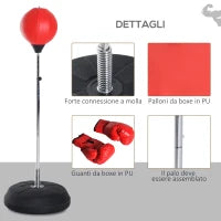 Punching Ball da Terra ad Altezza Regolabile con Guantoni da Boxe e Base Riempibile, 43x43x126-144 cm, Rosso