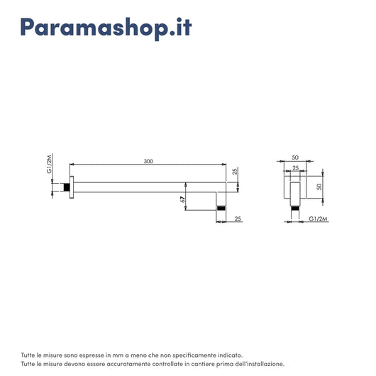 Braccio doccia squadrato in ottone nero opaco 30 cm