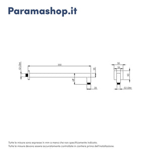 Braccio doccia squadrato in ottone nero opaco 35 cm