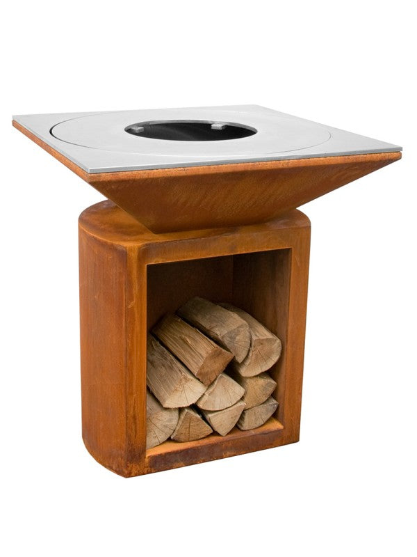 Braciere da giardino, Barbecue con foro per wok e griglia con gambe in acciaio - G2 corten