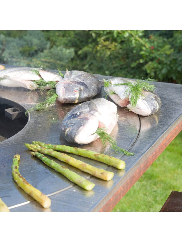 Braciere da giardino, Barbecue con foro per wok e griglia con gambe in acciaio - G2 corten