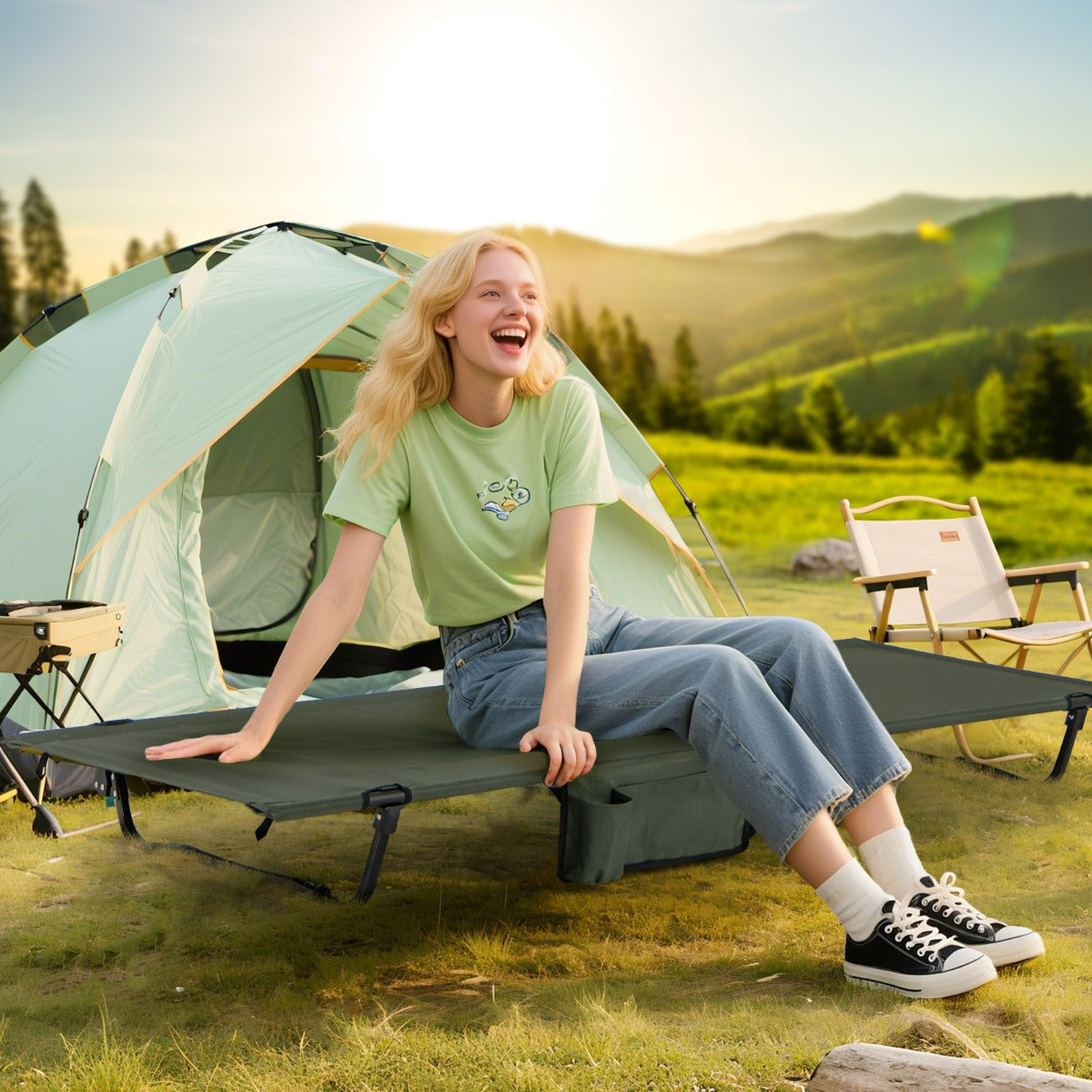 Brandina da campeggio ultralight per adulti con tasca laterale, Brandina compatta per viaggi all'aperto e casa e spiaggia Verde-Letti e sacchi a pelo