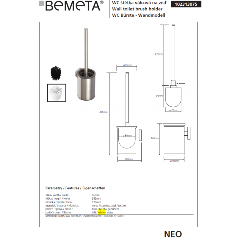 Scopino per WC NEO nero in acciaio inox 34x13,5cmxØ9cm
