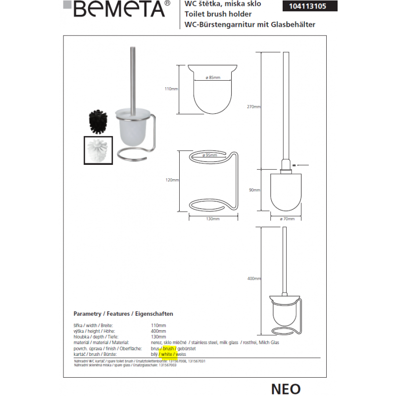 Scopino NEO bianco, tazza in vetro 40x11x13cm