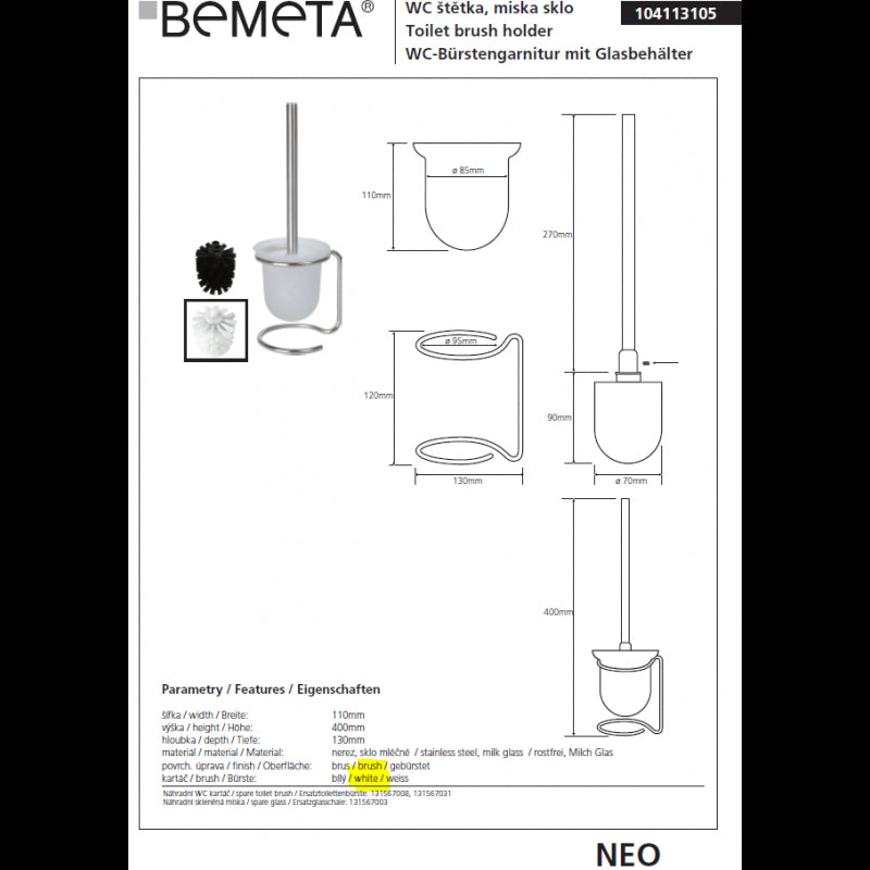 Scopino NEO bianco, tazza in vetro 40x11x13cm