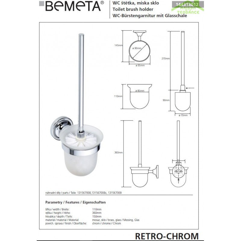 Scopino RETRO in ottone cromato, tazza in vetro 11x36x15 cm