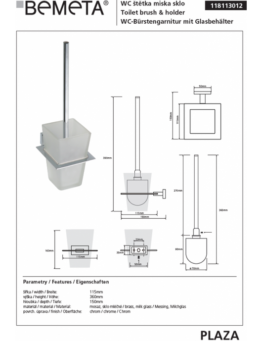 Scopino WC da parete in vetro PLAZA 15x11,5x38 cm