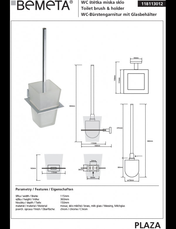 Scopino WC da parete in vetro PLAZA 15x11,5x38 cm